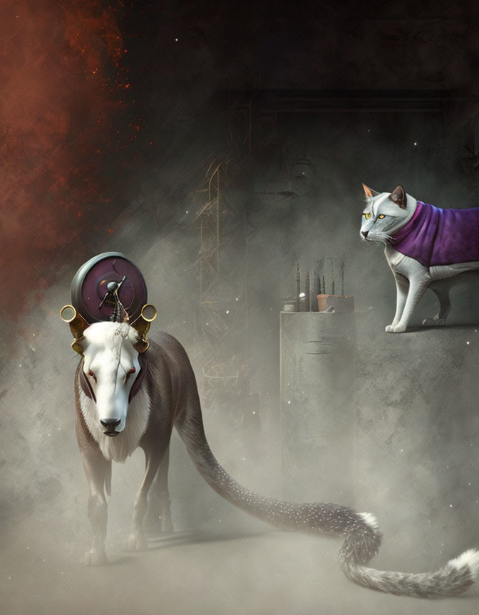 Fantasy illustration: White goat and cat in purple robe against industrial backdrop