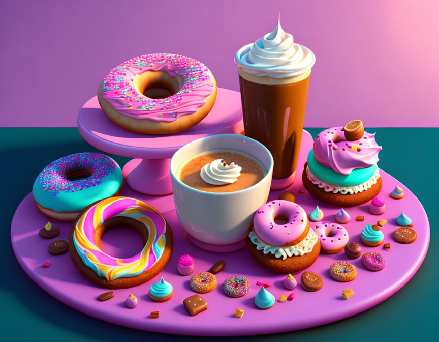 Assortment of Iced Donuts, Cupcakes, and Coffee on Pastel Background