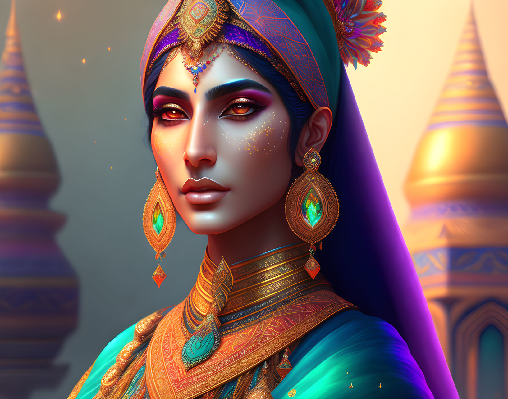 Digital art portrait of woman in traditional Indian attire with architectural domes background.