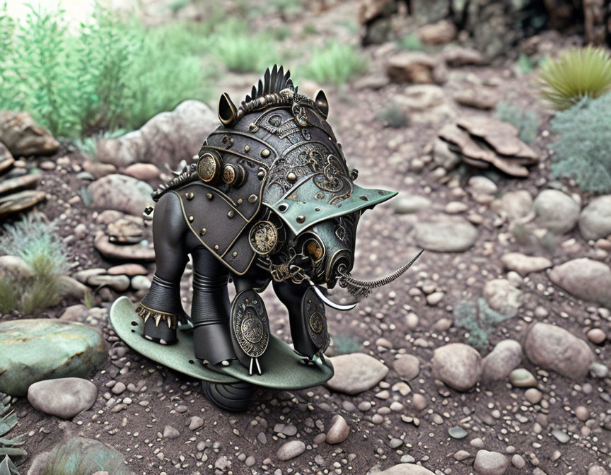 Steampunk-style mechanical rhinoceros on rocky terrain