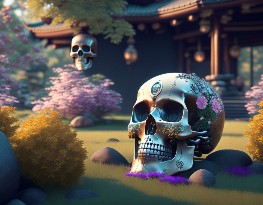 Decorated skull with flowers in tranquil garden setting with cherry blossoms and traditional architecture.