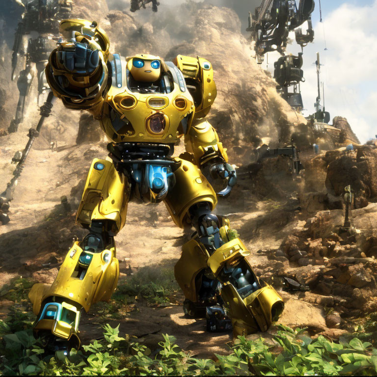 Yellow and Black Humanoid Robot in Rocky Landscape