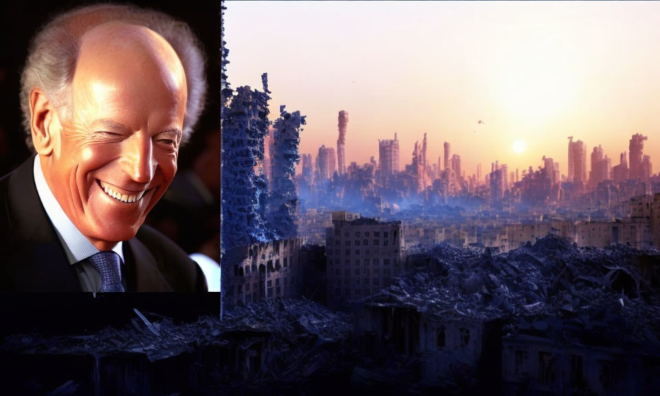 Split Image: Smiling Person & Post-Apocalyptic Cityscape at Sunset