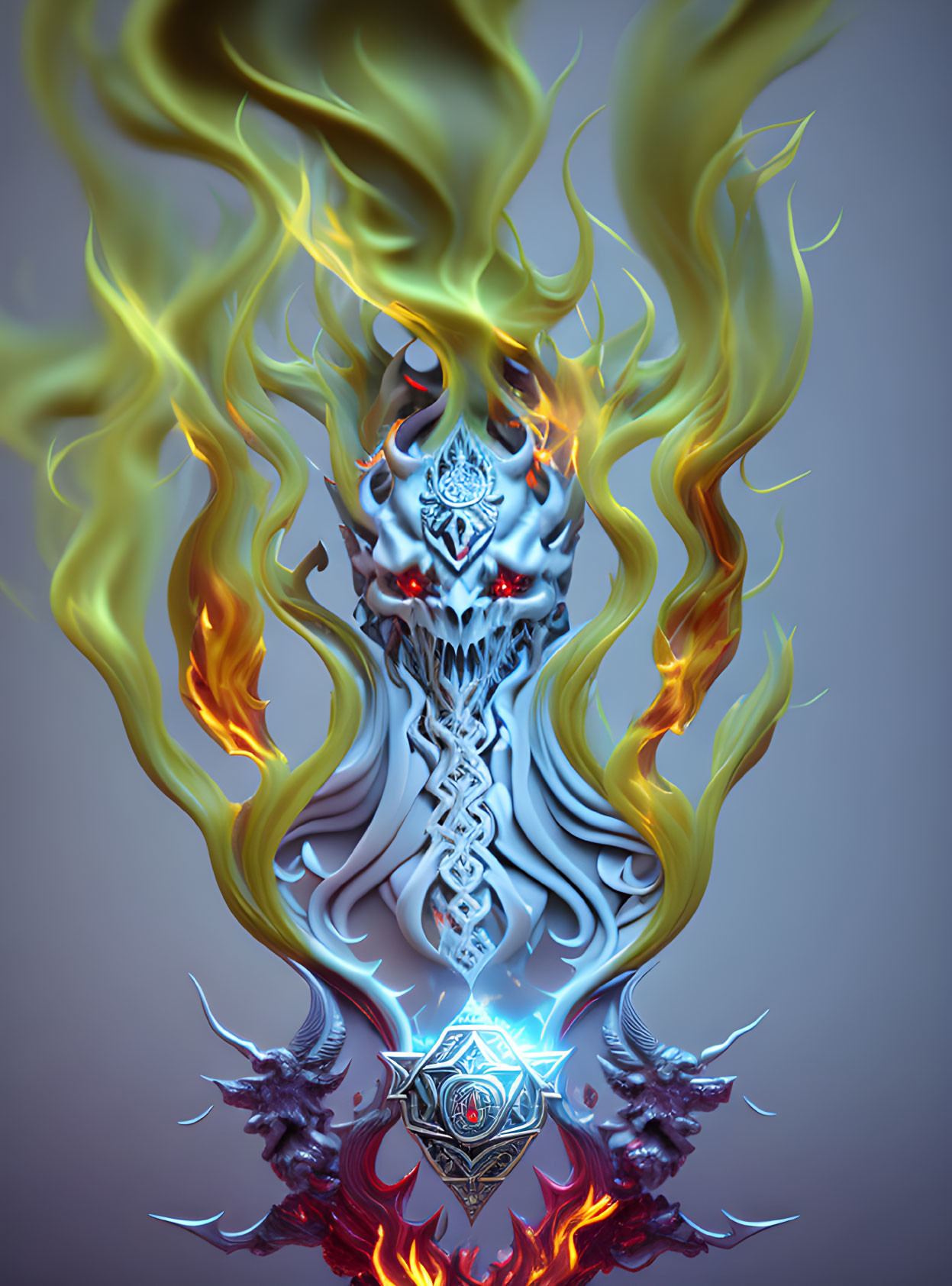 Skull digital art with intricate patterns and flames on grey background