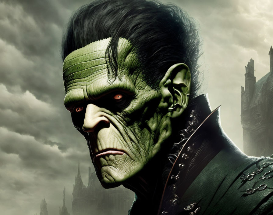 Green-skinned Frankenstein's monster with stitches and red eyes in front of a gloomy castle.