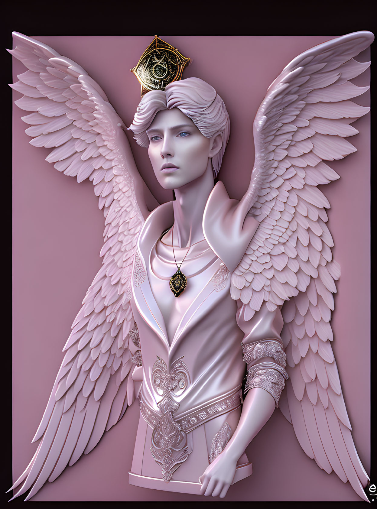 Illustrated figure with pink wings, golden crown, medallion, and white attire.