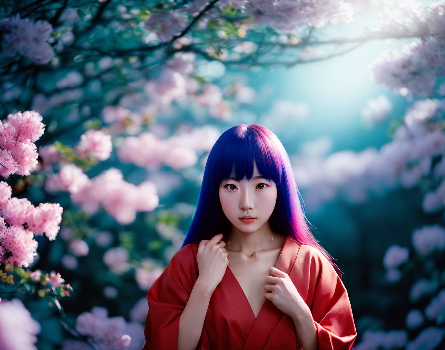 Vibrant blue and purple hair person in red garment among pink blossoms