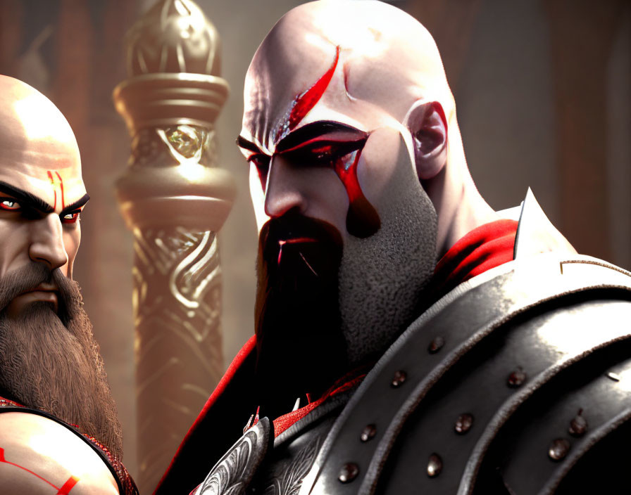 Intense bearded video game characters with red markings and pauldron.