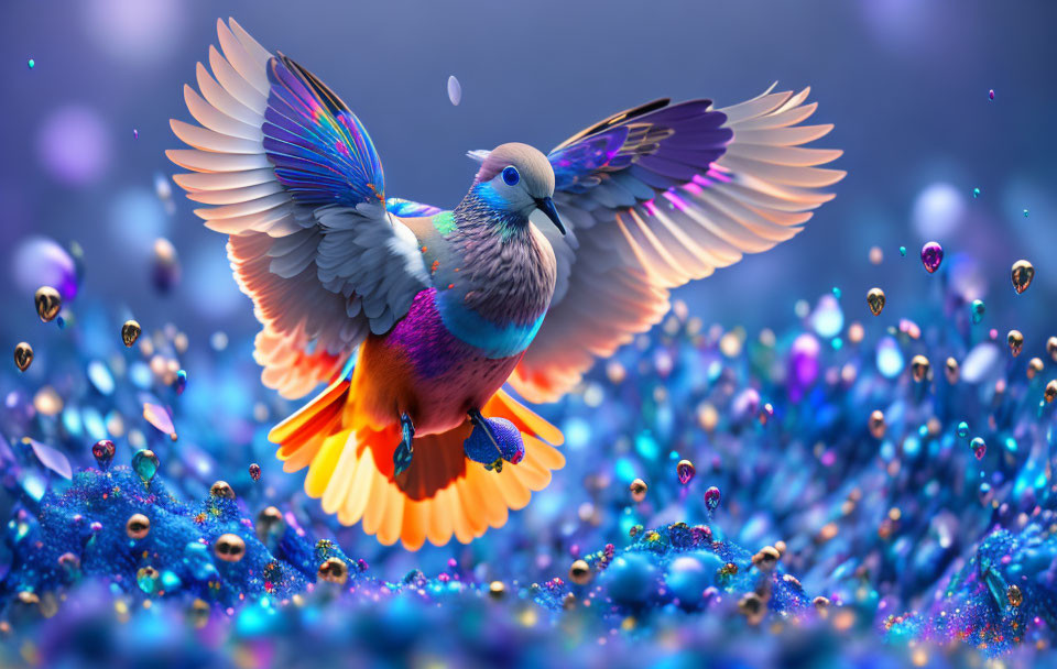 Colorful pigeon flying over surreal landscape with orbs and blossoms