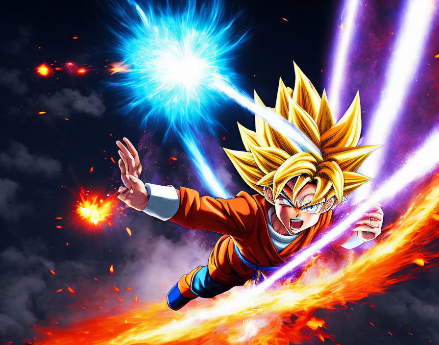 Spiky golden hair animated character in orange-blue outfit powering up against cosmic backdrop