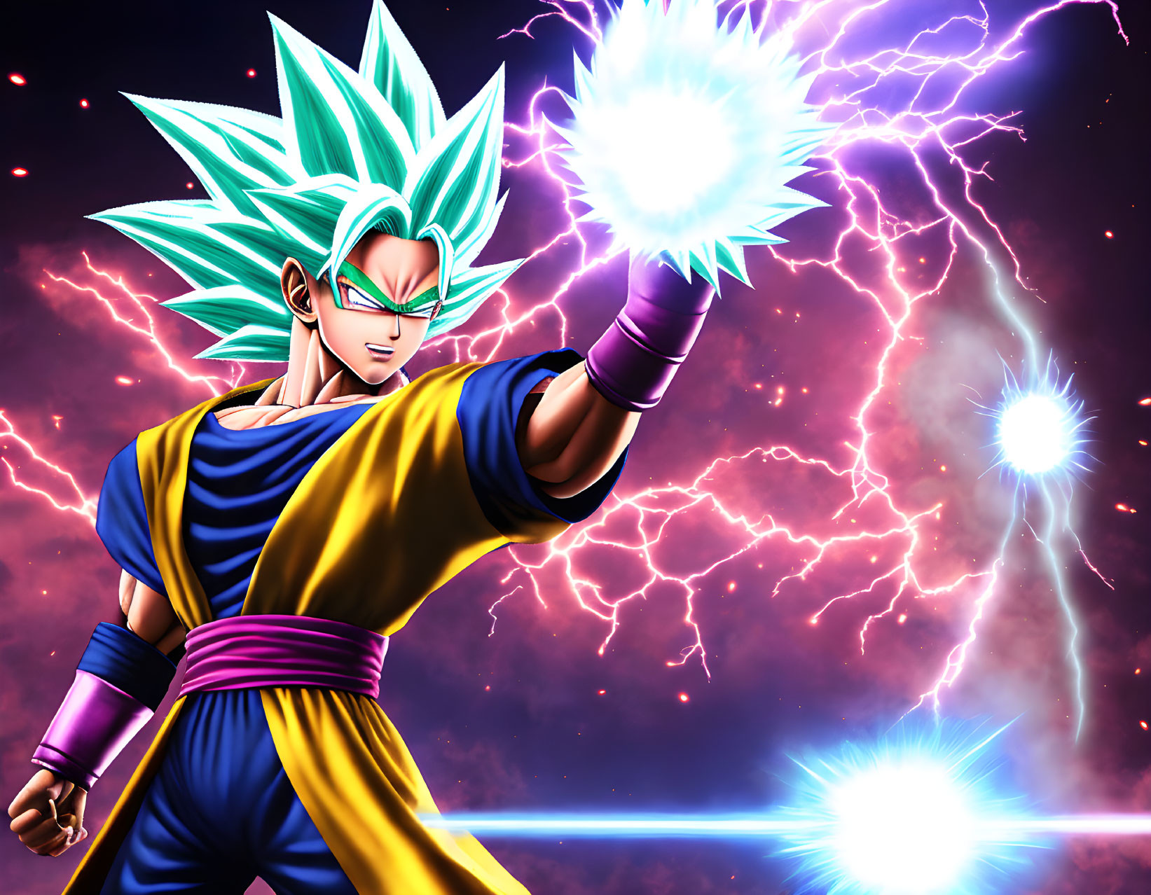 Spiky blue-green haired character in fighting stance with energy blasts amid electric purple lightning.