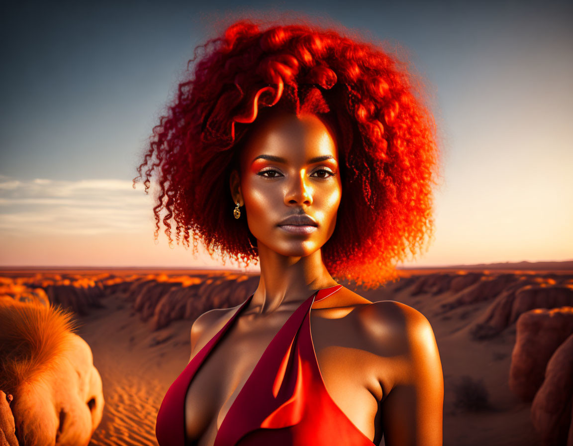 Voluminous red hair woman in deep red dress at desert sunset