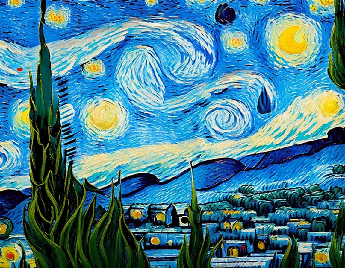 Night Sky Impressionist Painting with Crescent Moon, Stars, Village, and Cypress Tree