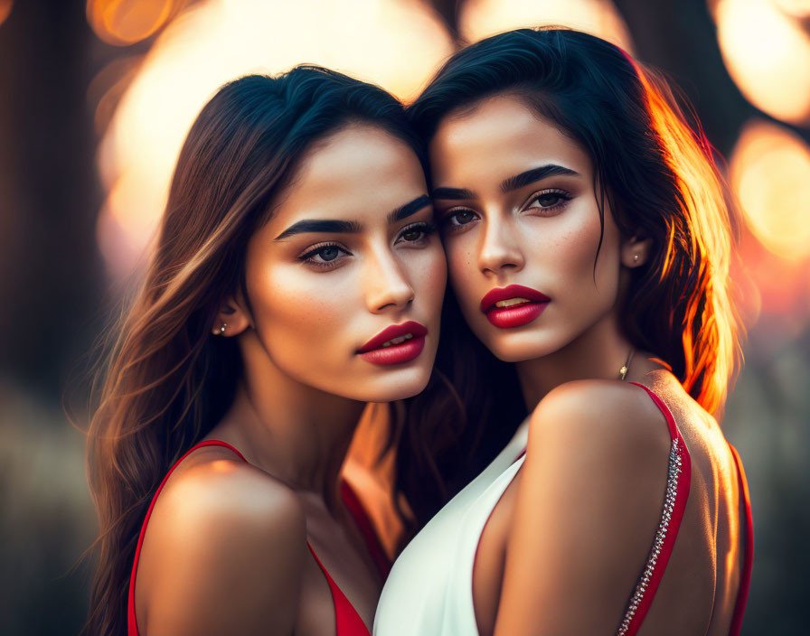 Two women in elegant attire with striking makeup in intimate pose against warm bokeh lights.