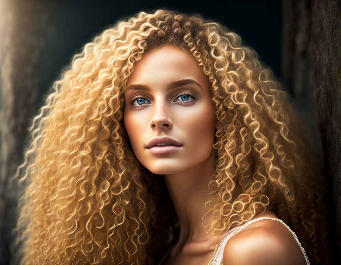 Blonde Curly-Haired Woman with Blue Eyes Portrait