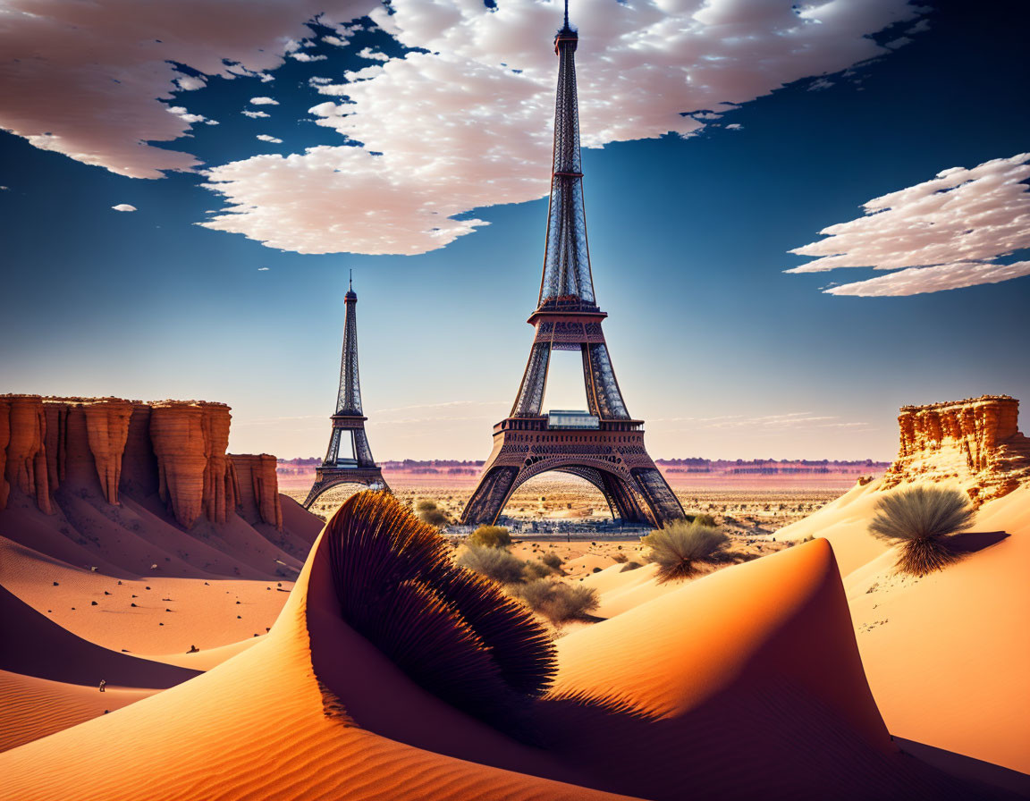 Eiffel Tower in desert landscape with sand dunes and blue sky