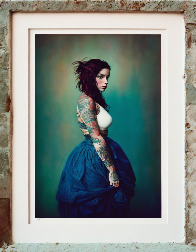 Portrait of tattooed woman in side glance, blue skirt & white top