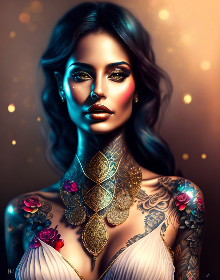 Detailed tattooed woman with striking makeup and enigmatic expression on warm bokeh background