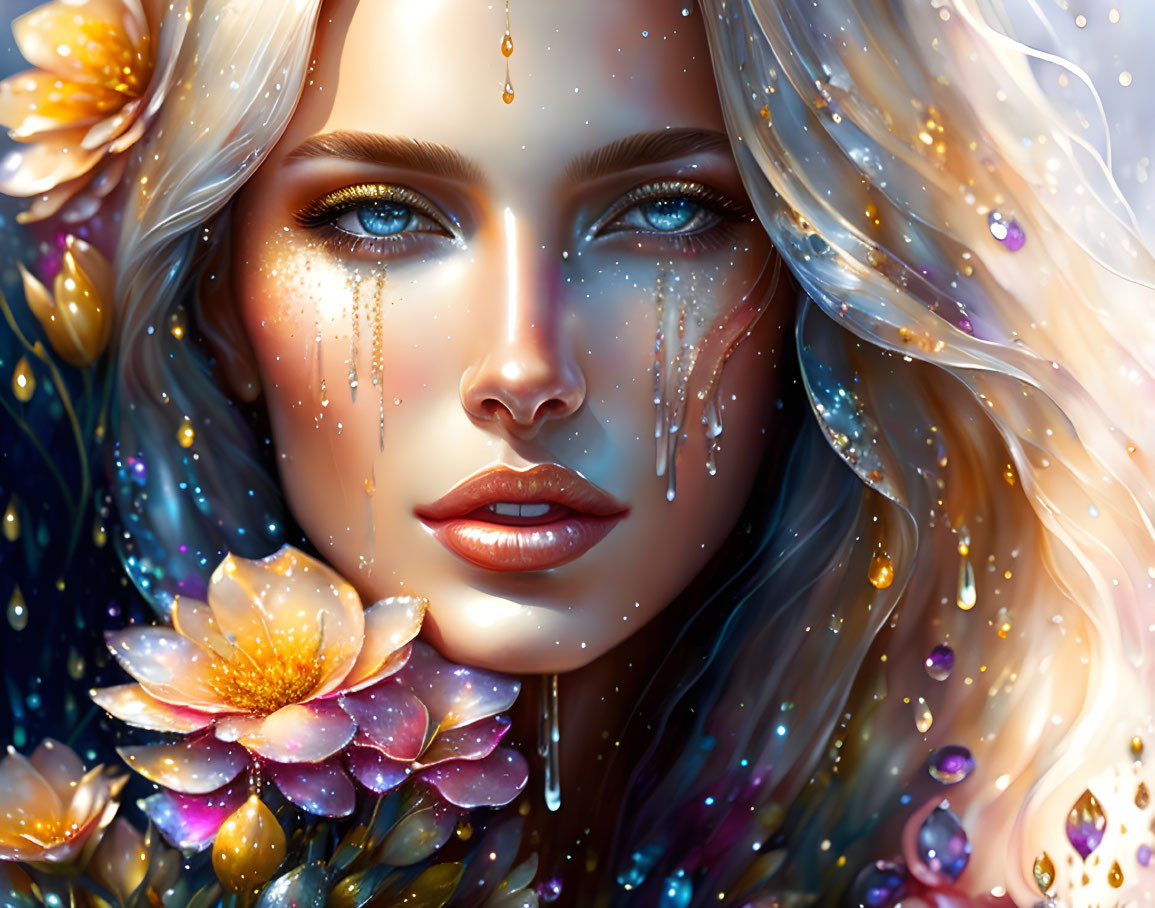 Fantasy portrait of a woman with luminous blue eyes and mystical aura.