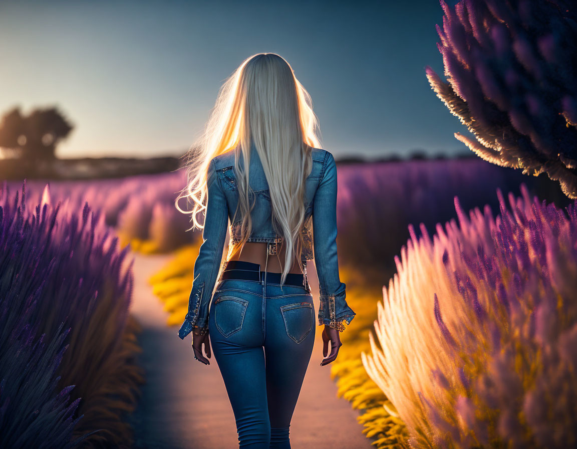 Blonde woman in denim walks in lavender field at sunset