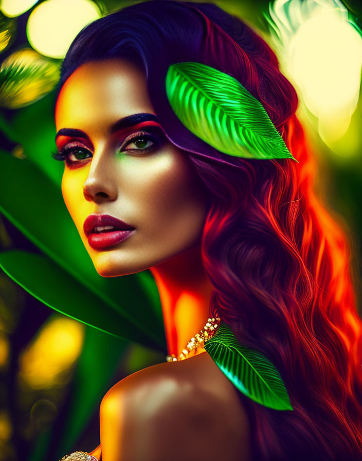 Woman with Green Eyes and Red Hair in Jungle Setting