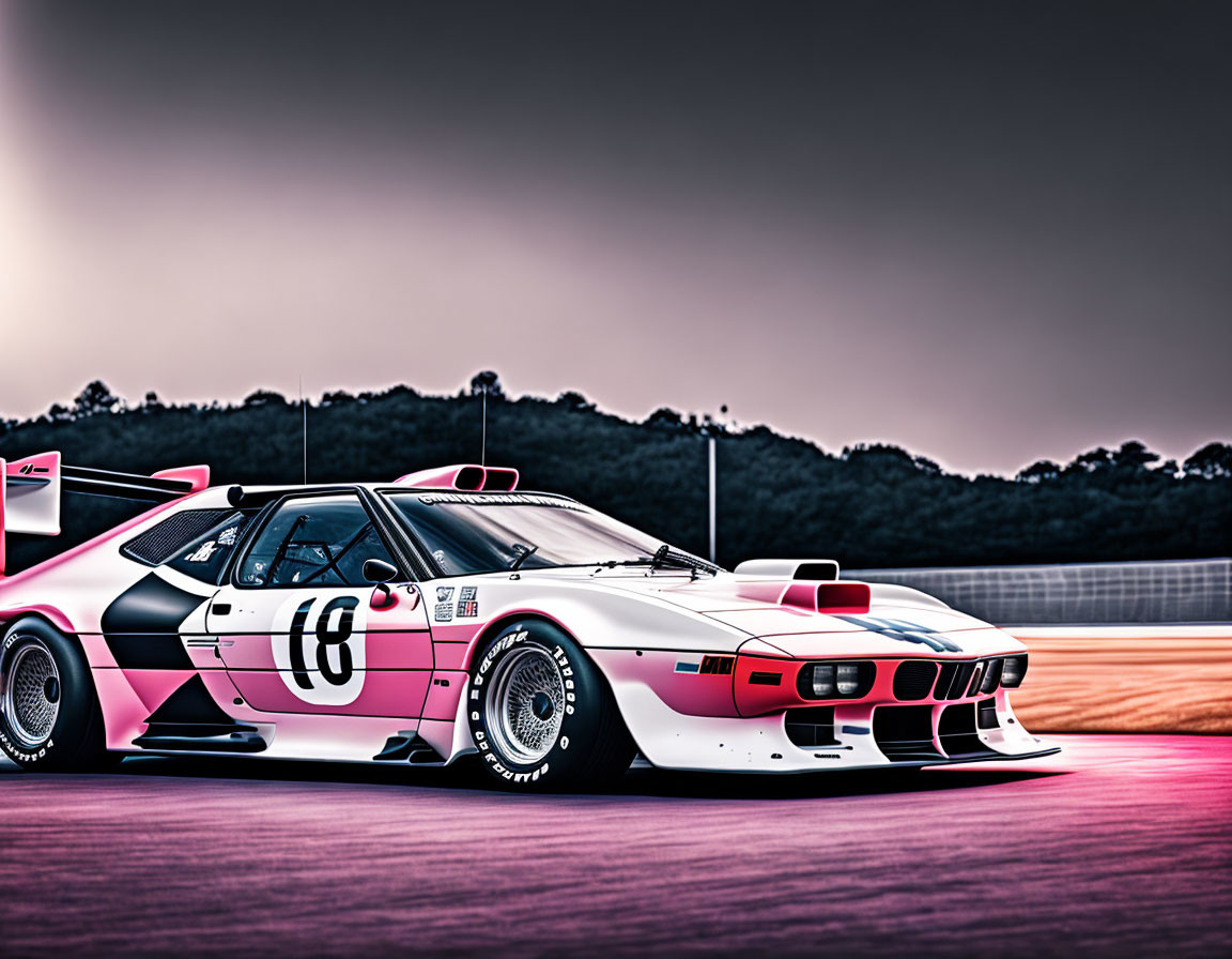 Vintage Race Car with White and Pink Livery on Asphalt Track at Twilight