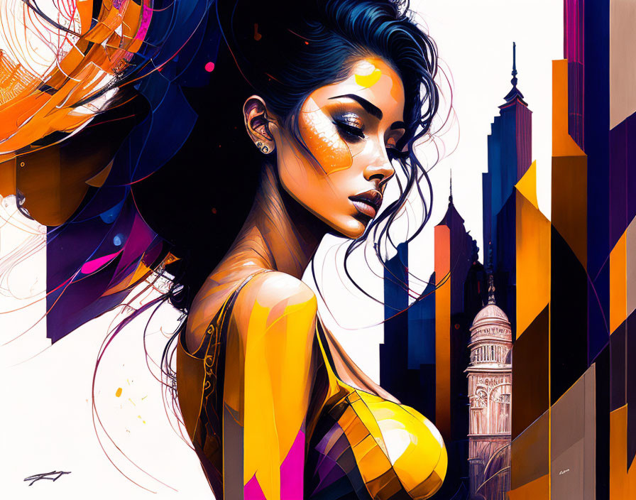 Colorful abstract urban skyline merged with woman's profile portrait