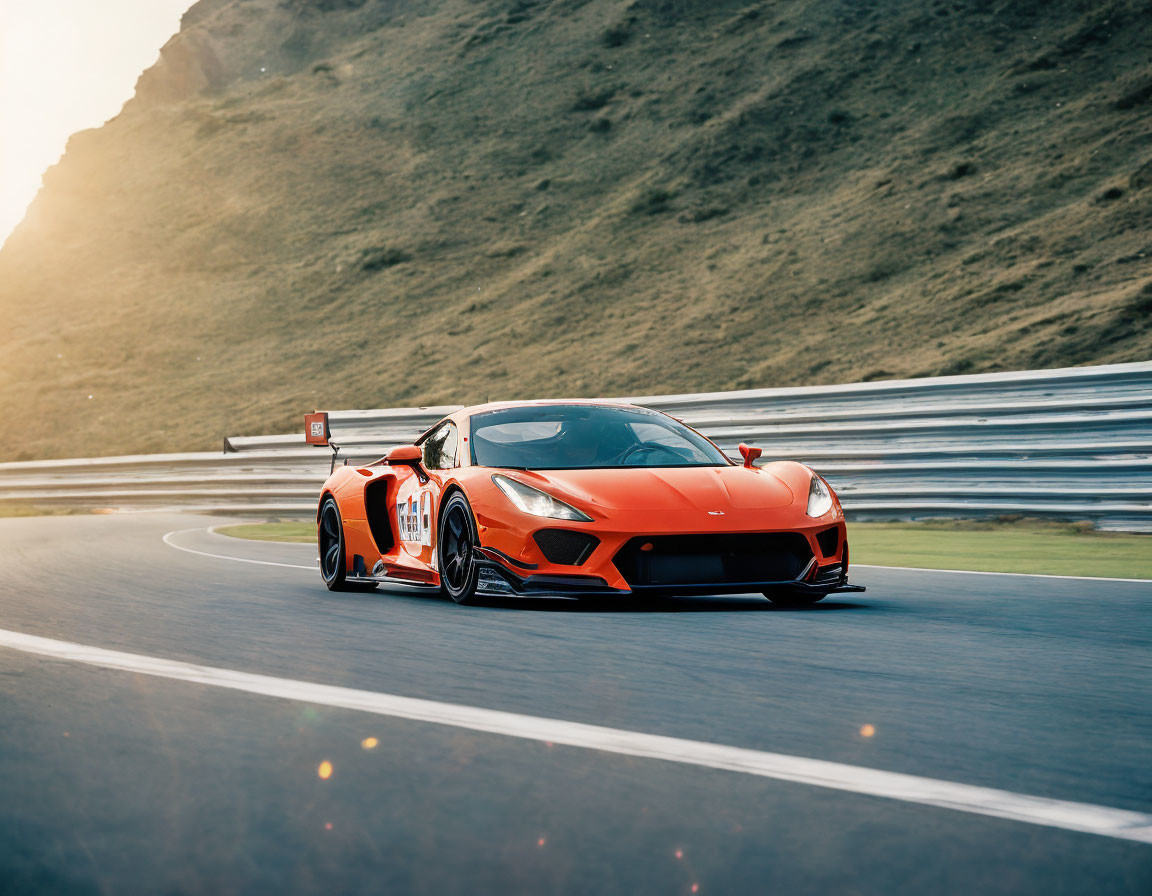 Vibrant orange sports car on asphalt track with green hill backdrop