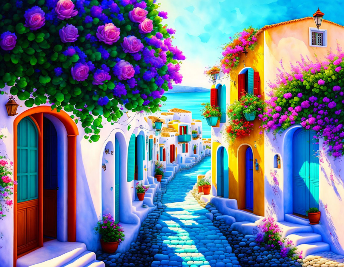 Colorful Mediterranean Alleyway with Cobblestone Pathway and Flowers