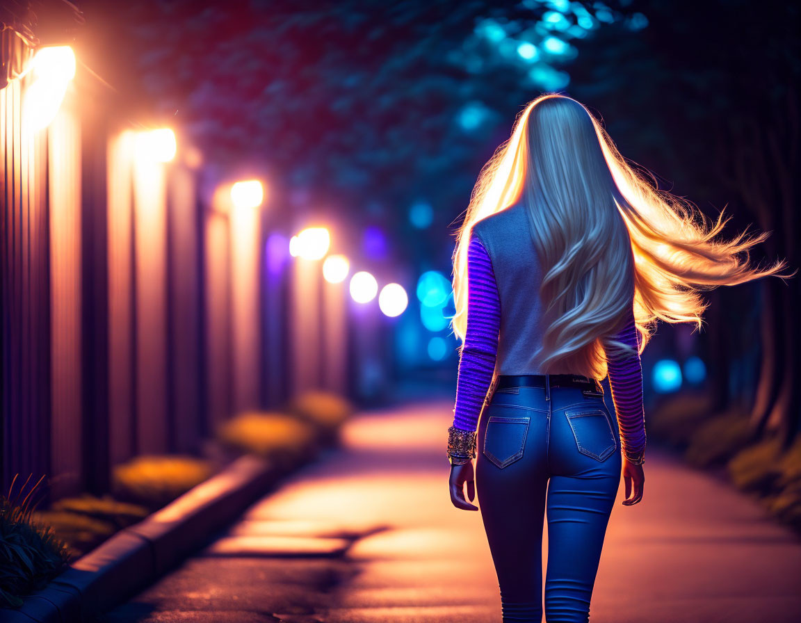 Blonde woman walking on illuminated path at night