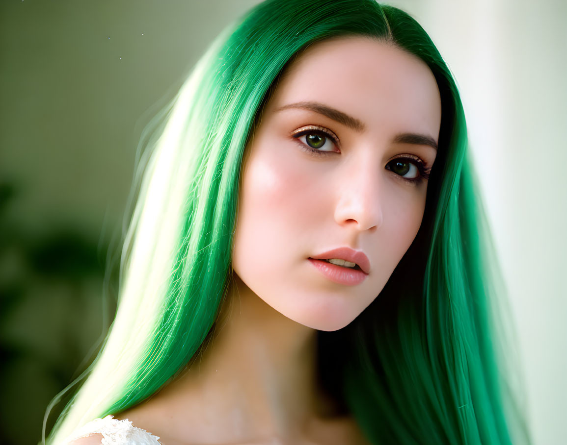 Portrait of Woman with Striking Green Hair and Fair Skin