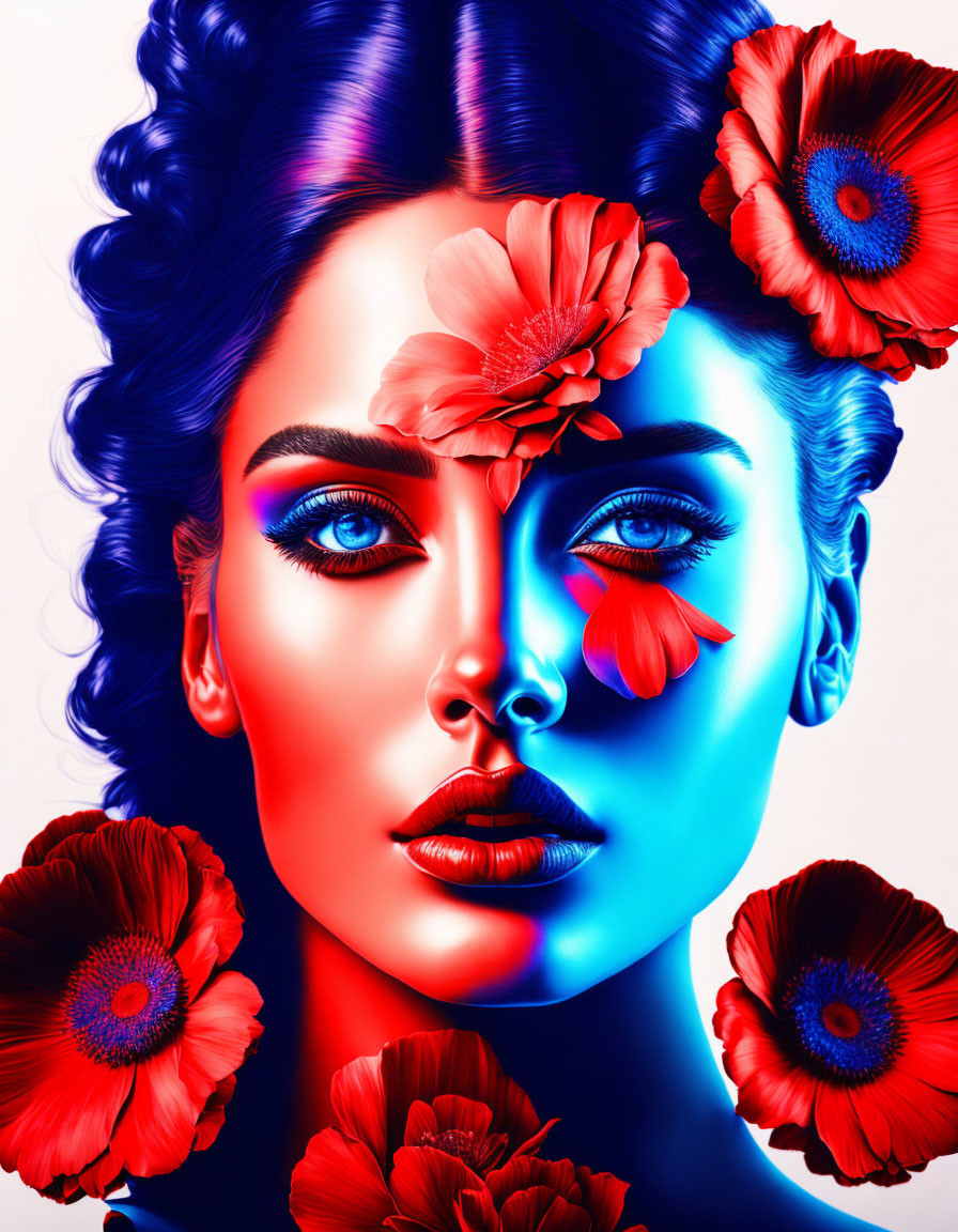 Colorful portrait of a woman with blue skin and vibrant floral hair adornment.