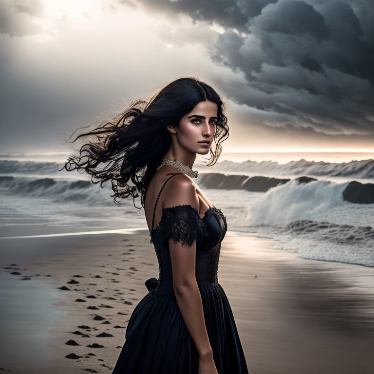 Woman in black dress on beach with dark clouds and waves.