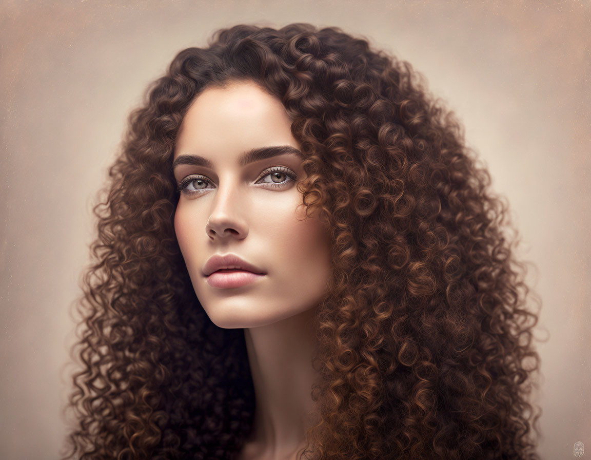 Portrait of woman with curly brown hair and blue eyes