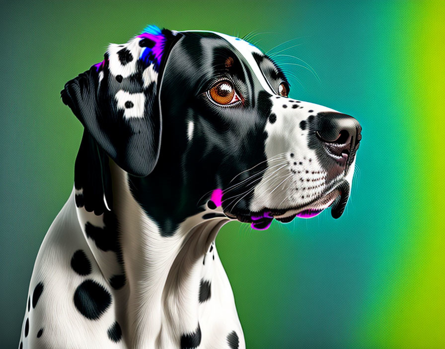 Dalmatian with black spots on green-yellow background