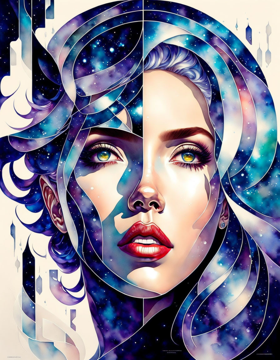 Surreal portrait of woman with space-themed elements and swirling patterns