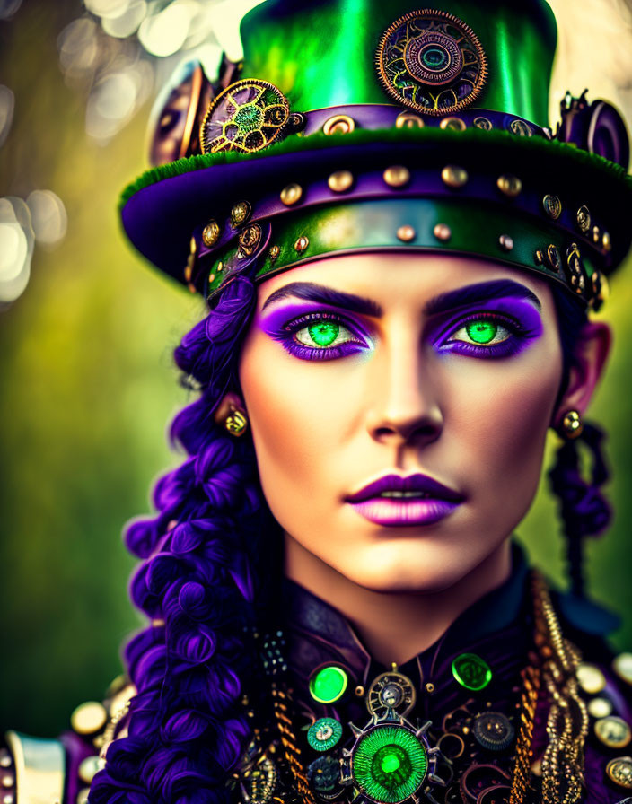 Portrait of a person with green eyes, purple eyeshadow, braided hair, and steamp