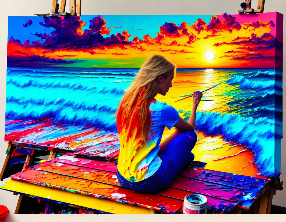 Vibrant seascape painting with sunset colors on large canvas