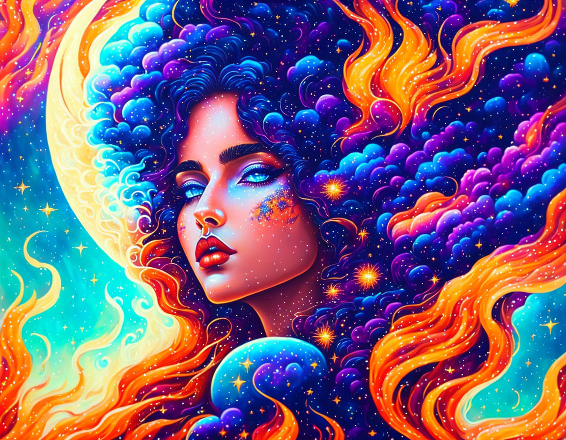 Colorful cosmic woman with blue and orange hair by crescent moon