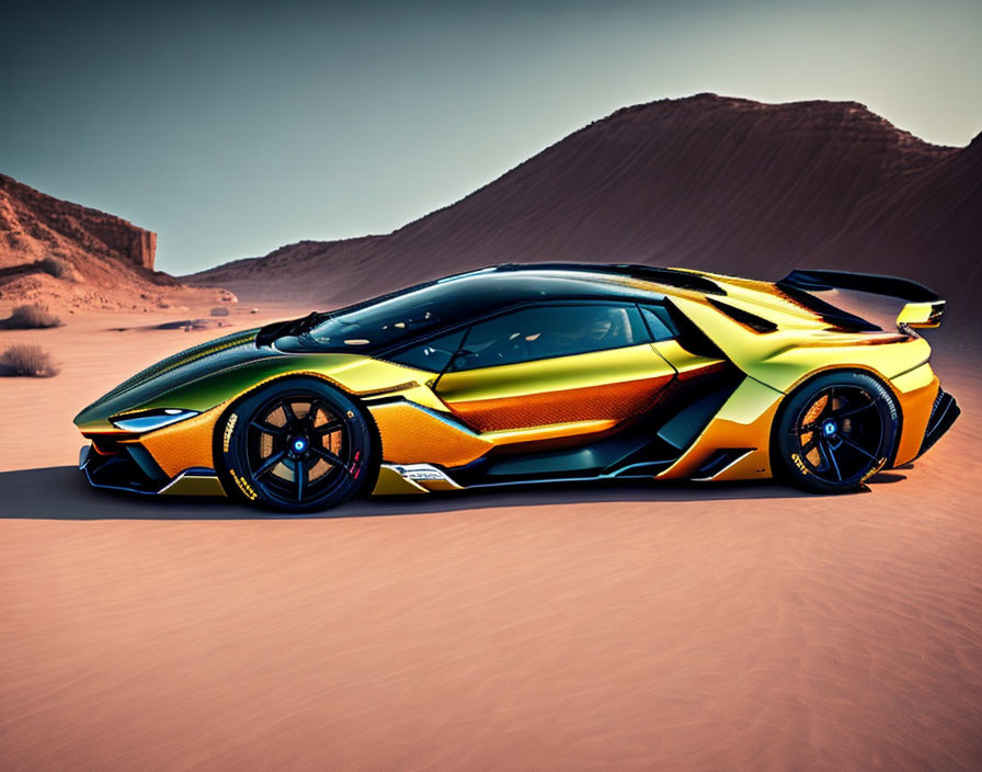 Multicolored Supercar with Aggressive Aerodynamics in Desert Setting