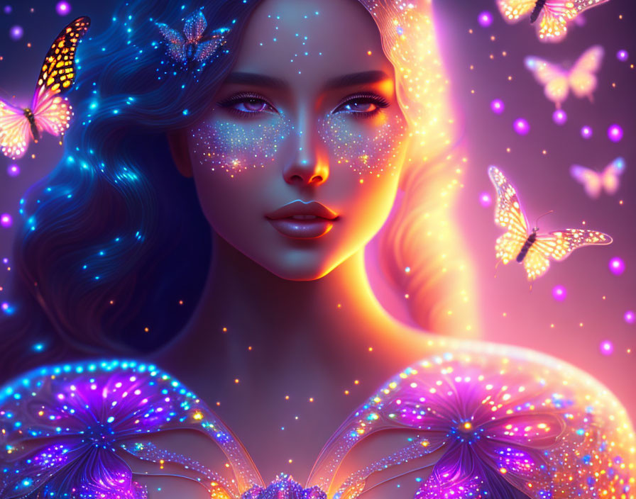 Digital art portrait of woman with glowing starry skin and luminous butterflies against vibrant backdrop