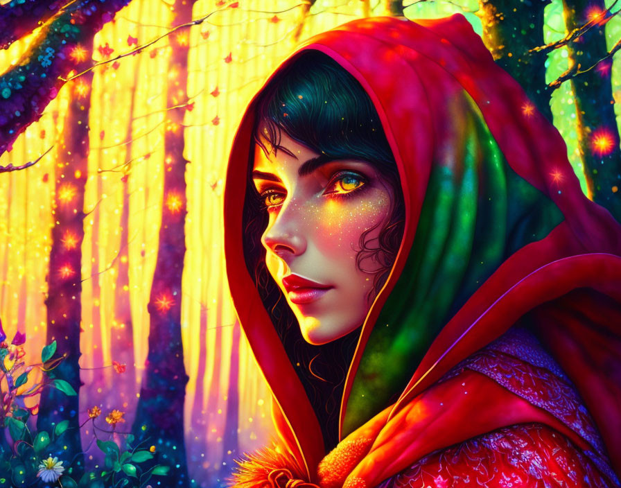 Woman in red hood mesmerizing forest scene