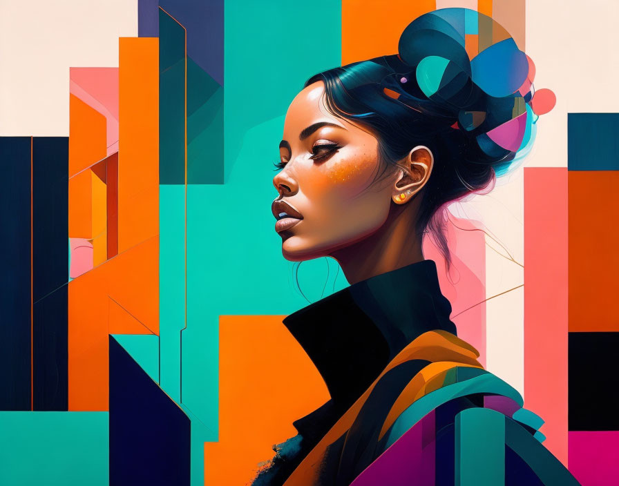 Colorful digital portrait with abstract geometric shapes in vibrant hues