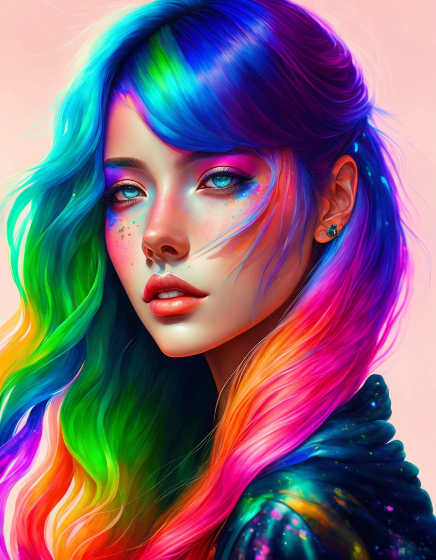 Colorful digital portrait of a person with rainbow hair on pink background