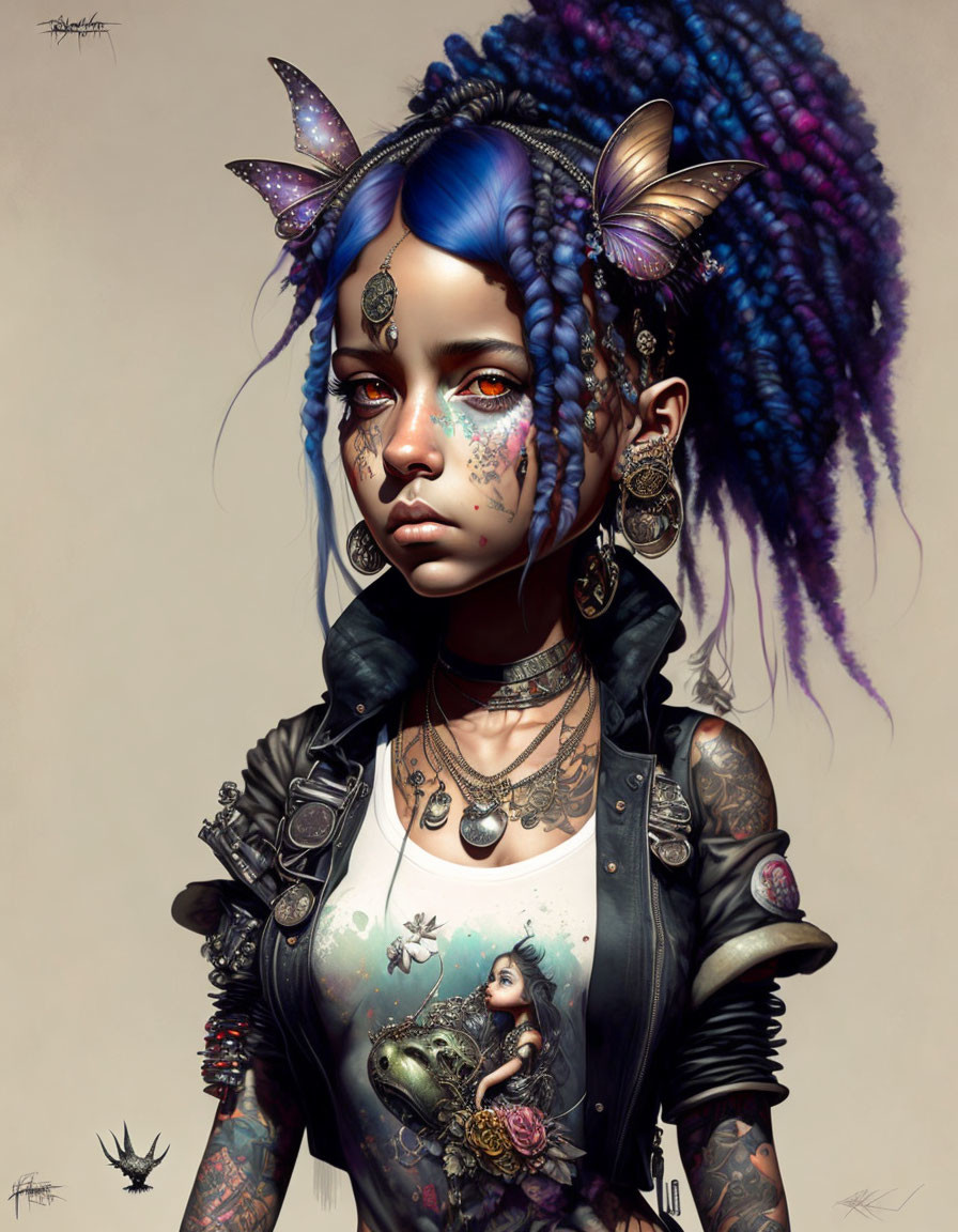 Fantasy-inspired portrait of a woman with blue hair, butterfly wings, tattoos, piercings,