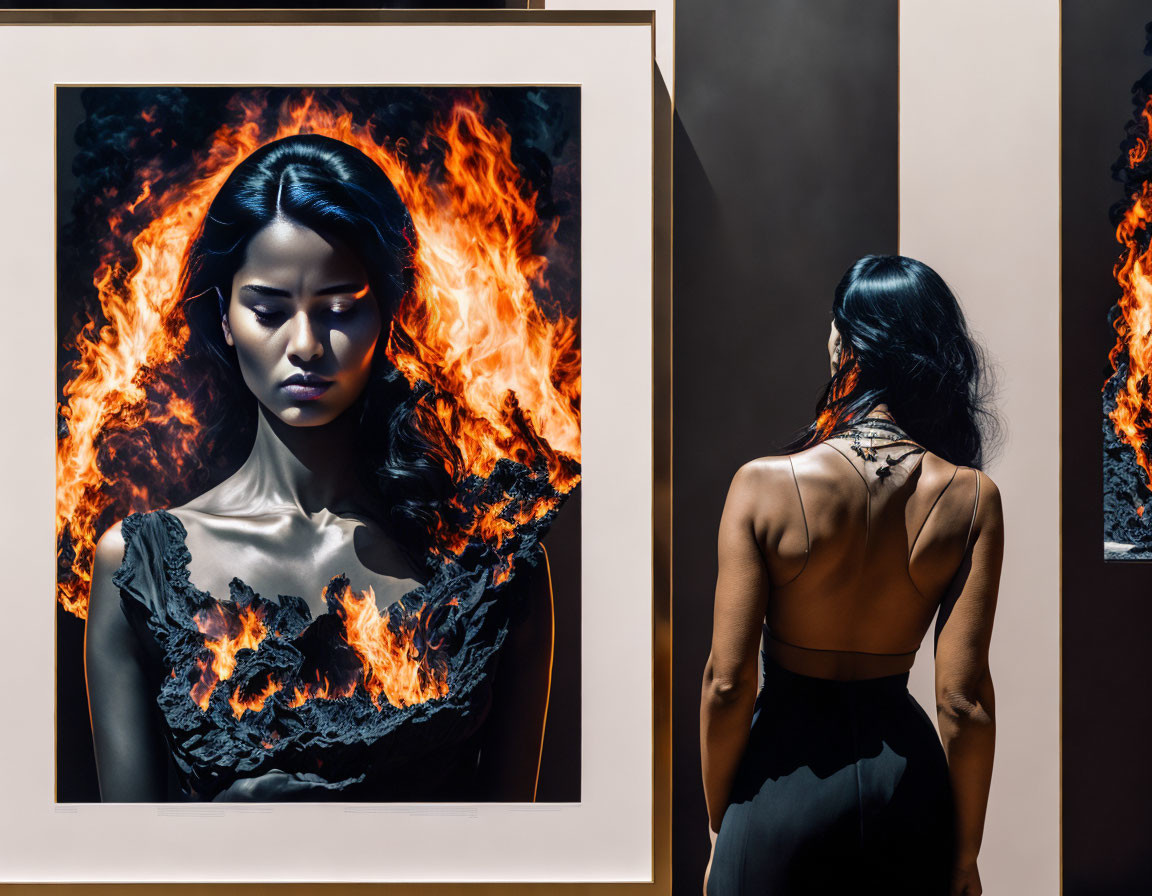 Woman in framed photo engulfed in mystical flames