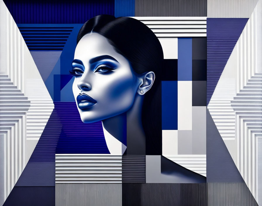 Blue-skinned woman in geometric digital art with blue and white checkered and striped patterns