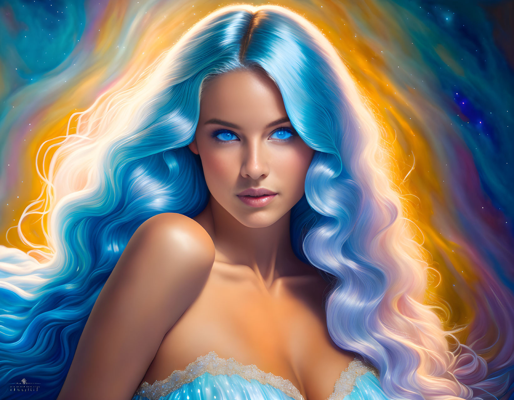 Vibrant digital artwork: Woman with flowing blue hair in cosmic background