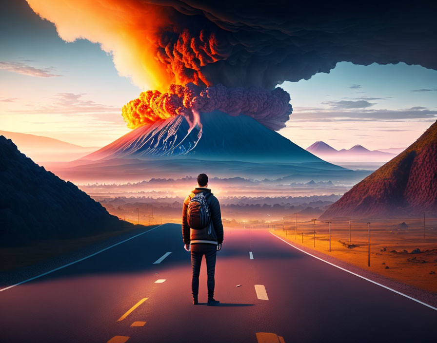 Person with backpack observes volcanic eruption on empty road at sunrise or sunset