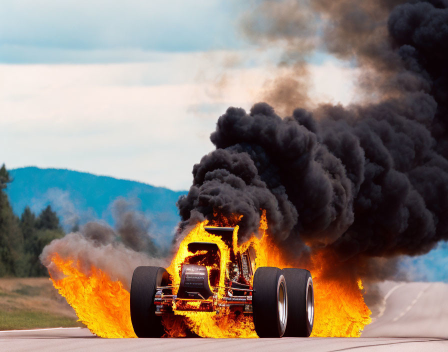 Flaming race car on asphalt road with smoke, trees, and cloudy sky